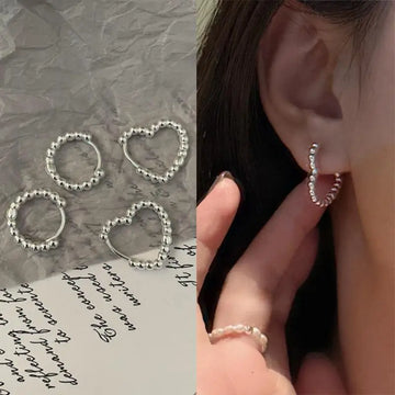 DAIIIBABYYY  -  Simple Silver Color Round Bead Heart-Shaped Circular Ear Buckle Fashion Small Versatile Earrings Women's Jewelry